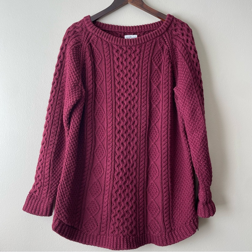 LL Bean Signature Fisherman Sweater Burgundy Women's L Heavyweight 100% Cotton
